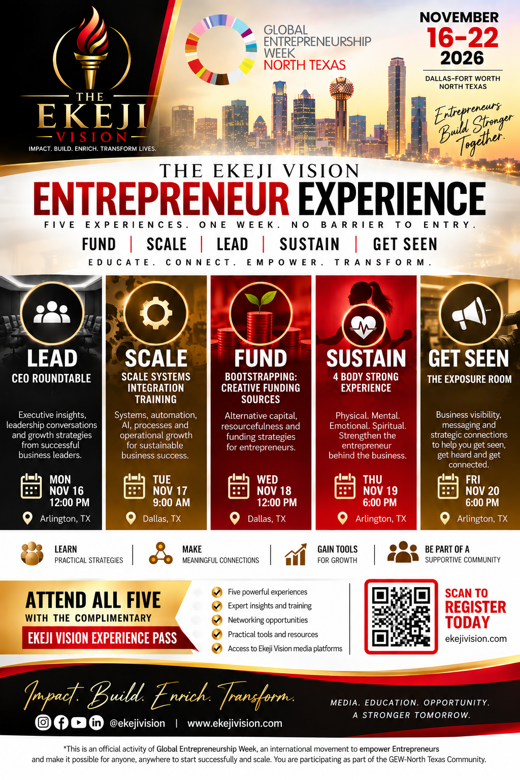 Ekeji Vision Entrepreneur Experience flyer for Global Entrepreneurship Week North Texas 2026